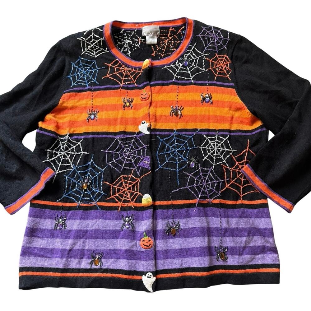 VTG Berek Halloween Sweater L Jeweled Spiders Webs Ghosts Pumpkin Spooky